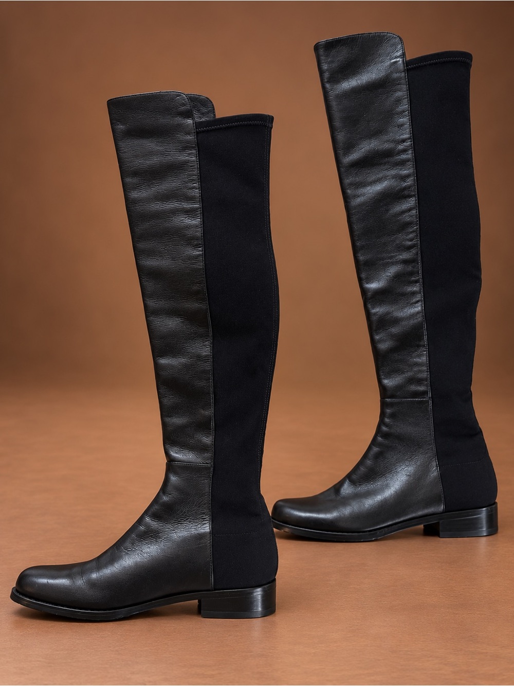 STUART WEITZMAN 5050 Black Leather Over the Knee Boots Stretch Back Flat 5